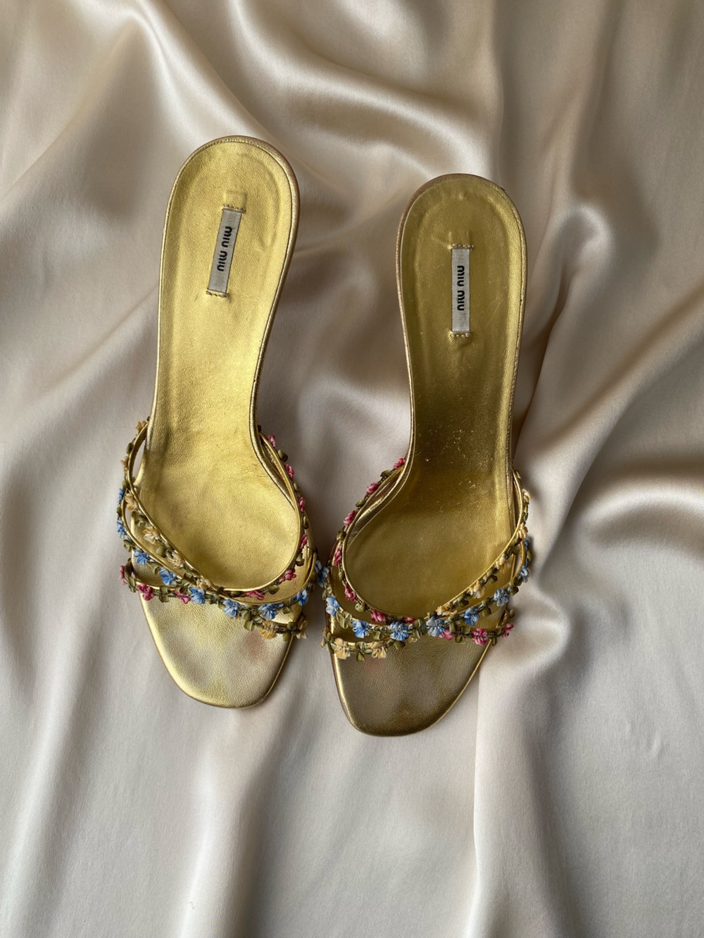 RARE Vintage Miu Miu floral gold kitten strappy heels